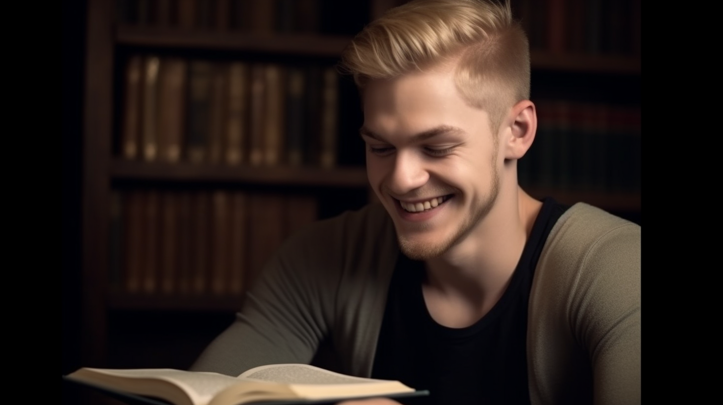 Young man reading a book and smiling